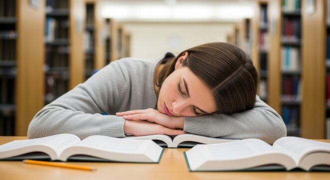 Young caucasian female student asleep in library surrounded by books