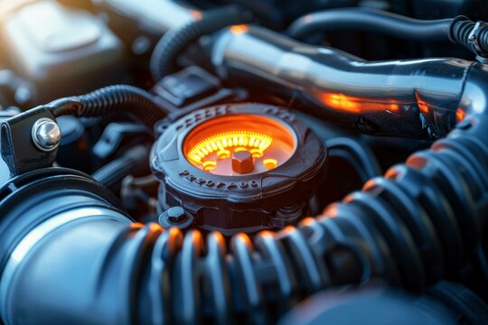 Power steering fluid reservoir glows orange, highlighting fluid level indicator within complex engine compartment