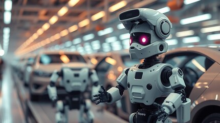 Fototapeta premium Robots assemble cars in factory line