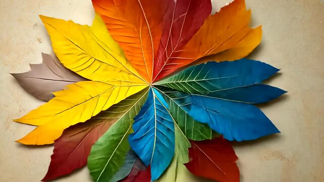 Circular arrangement of colorful leaves on a mottled neutral surface