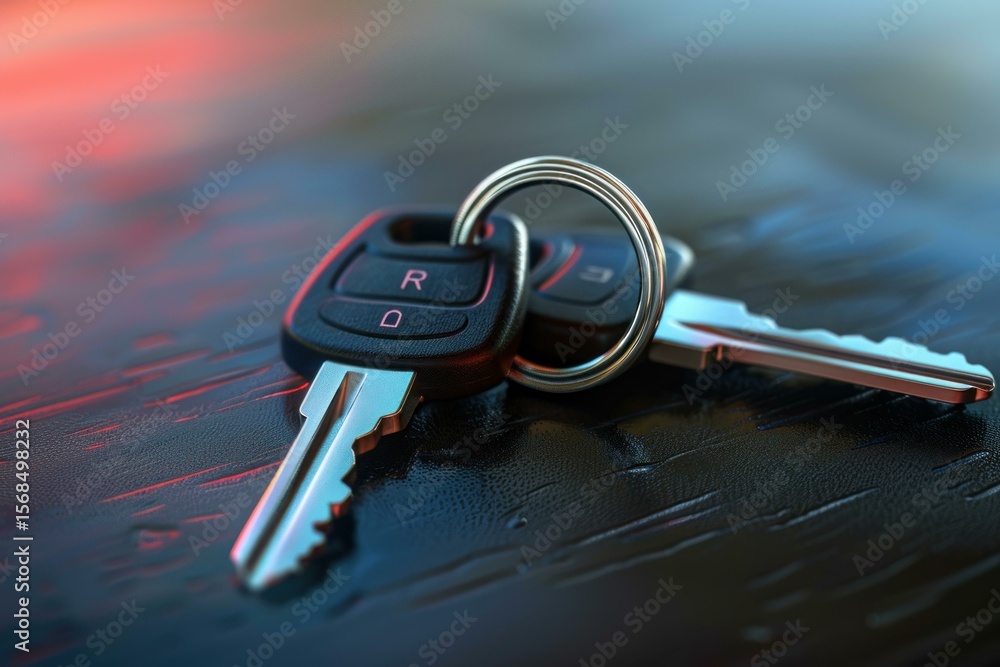 Poster car keys with remote control buttons and key ring resting on a dark dashboard reflecting red and blu