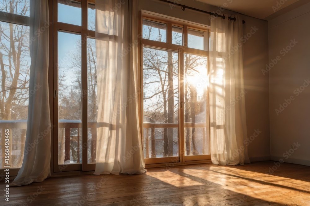 Poster sunlight streams through a window illuminating an empty room with wooden floors and sheer curtains.
