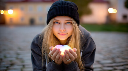 Girl holding glowing orb in her hands while sitting on cobblestone street at dusk