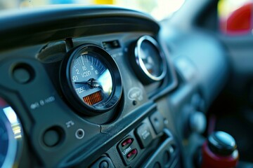 Close up of a voltmeter indicating low voltage on a vintage car dashboard, highlighting potential electrical issues