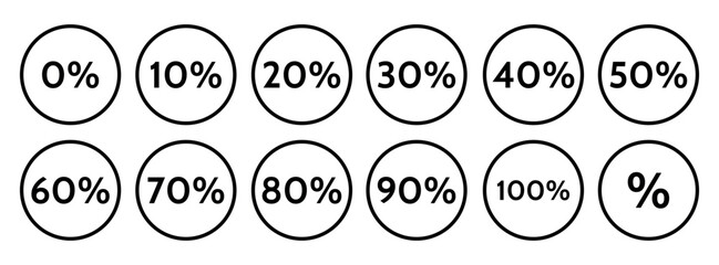a set of icons representing percentages from zero to 100 black and white flat