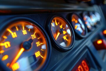 Close up of illuminated dashboard gauges in a classic car, highlighting speedometer, temperature, and fuel indicators