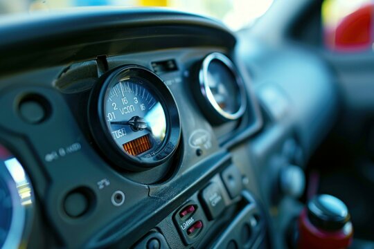 Close up of a voltmeter indicating low voltage on a vintage car dashboard, highlighting potential electrical issues