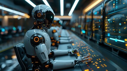 Robots at consoles with orange lights, performing tasks in a futuristic control room