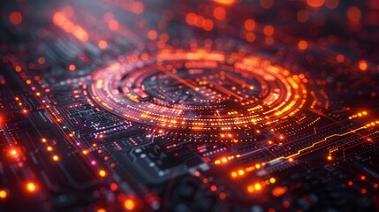 Glowing circuitry pattern, bokeh lights, black background, complex design, orange & red hues