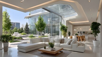 Fototapeta premium Modern white interior design with outdoor view and plants high resolution image