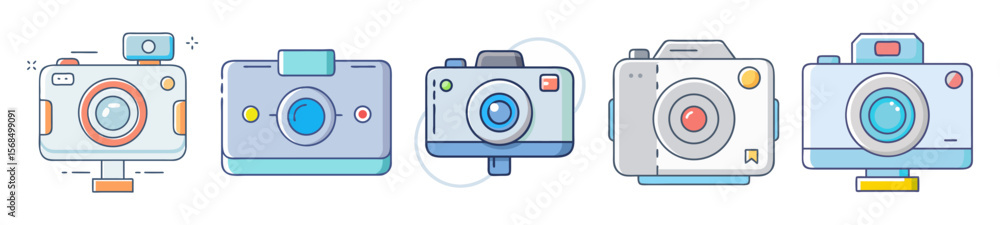 Poster stylized camera icon collection showcasing various shapes and colors in vector art