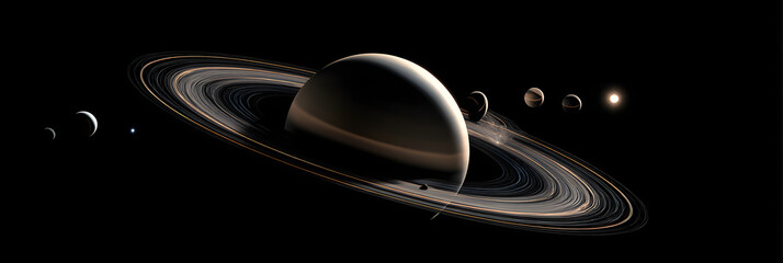saturn planets in deep space with rings and moons surrounded. isolated on black background