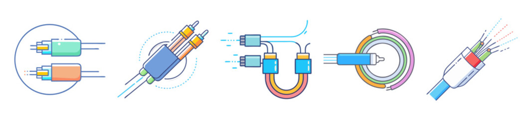 Various stylized fiber optic cable connections and types on a white background