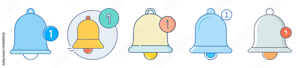Aufkleber multiple notification bells with a notification badge indicating one new alert