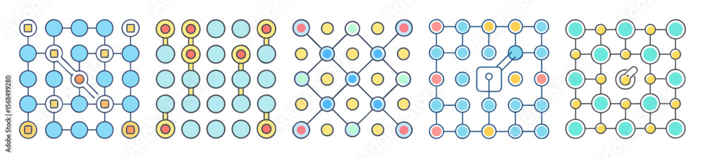 Poster various interconnected nodes and geometric grid patterns illustrating network topologies and connect