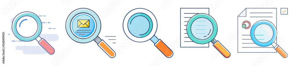 Poster five magnifying glass icons represent different types of searching and analysis
