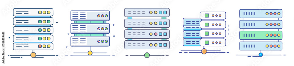 Poster collection of server racks and network infrastructure in a simple vector illustration