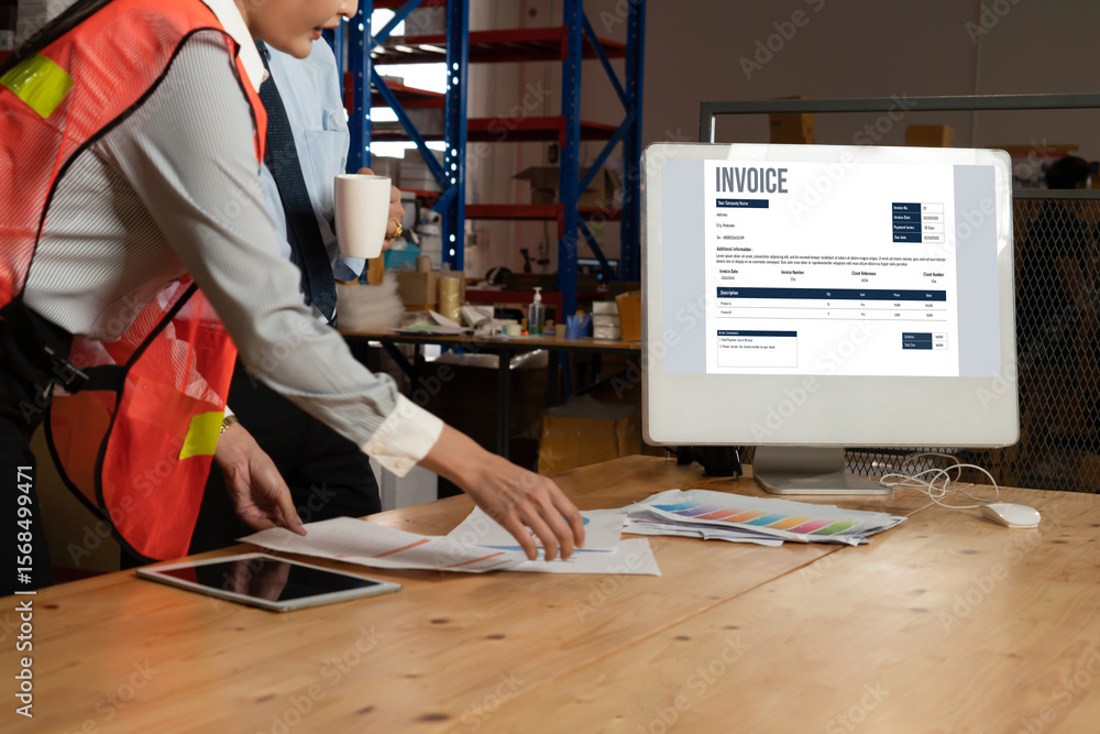 Poster invoice on computer screen from accounting application. computer program for financial and budget of