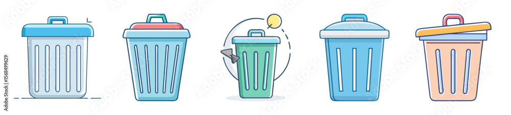 Poster collection of vector trash can icons in different colors and styles