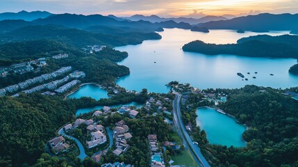 Obraz premium Stunning Thailand from above: a tropical paradise with turquoise waters, lush green islands, and a breathtaking sunset over Phang Nga Bay. Discover the beauty of Asia! 