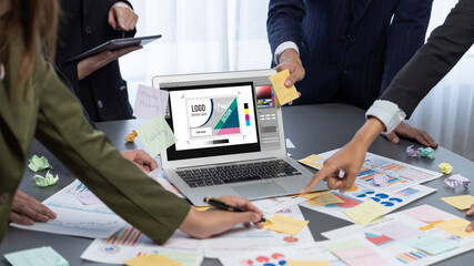 Analyst team use sticky note for creative and analytic brainstorm for business idea with BI data...