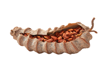 A detailed macro photograph of a dried seed pod filled with numerous small reddish brown seeds against a stark transparent background