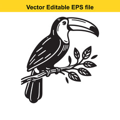 Obraz premium Monochrome Toucan Perched on a Branch with Leaves a Stylish Vector Illustration for Nature and Wildlife Enthusiasts