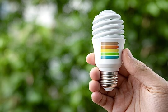 Hand holding energy saving light bulb with energy efficiency rating chart