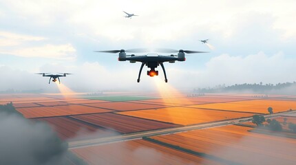 Drones spraying fields with aerial view.