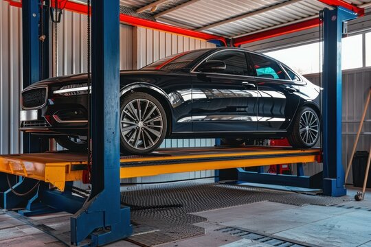 Modern black car undergoing maintenance, lifted on a hydraulic platform in a professional auto repair shop