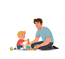 Cartoon father helping his son build with colorful blocks – early childhood education and quality time.