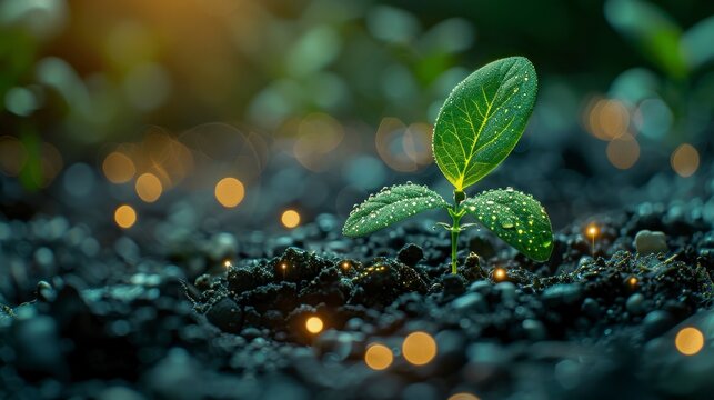Sprout rising. Young seedling with water droplets emerging from dark soil amidst glowing particles in soft light - Powered by Adobe