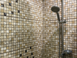 Shower stall with mosaic tiles, a chrome shower head, and a glass shelf. The neutral tones create a...