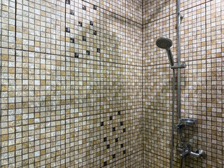 Shower stall with mosaic tiles, a chrome shower head, and a glass shelf. The neutral tones create a...