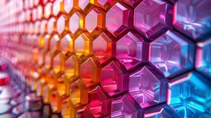 Colorful, honeycomb-like wall with gradients of orange, pink, purple, and blue. Geometric abstract close-up