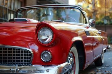 Shiny red vintage convertible parked on the street near a building with autumn trees in the background