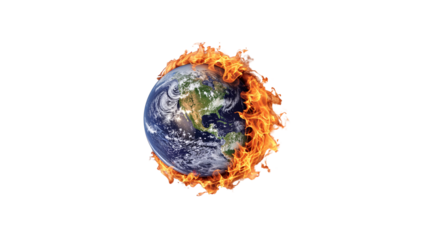 earth globe on fire on transparent background png