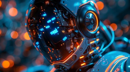 Cybernetic head/helmet with intricate circuitry & glowing lights, bokeh background