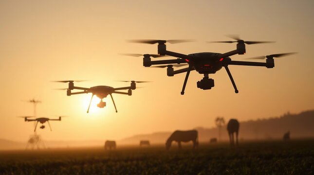 Drones Surveying Farm Sunrise.