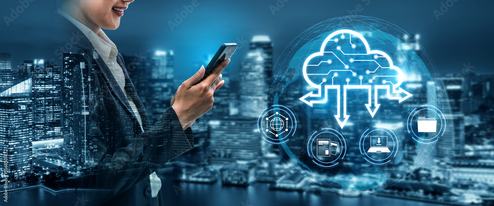Poster cloud computing enables digital growth with secure data storage, scalable infrastructure, and strate