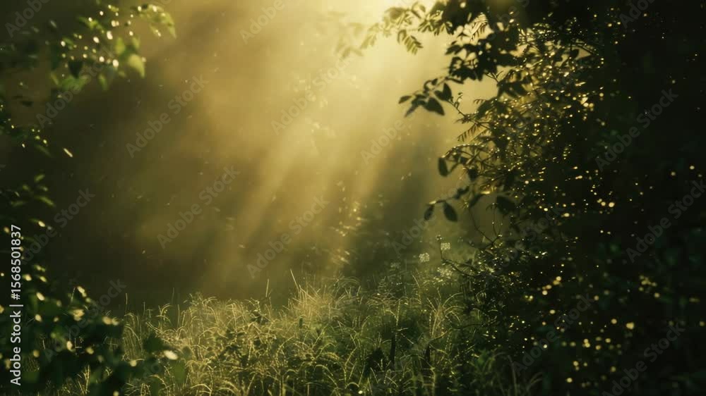 Aufkleber A serene scene of sunlight shining through the trees in a dense forest