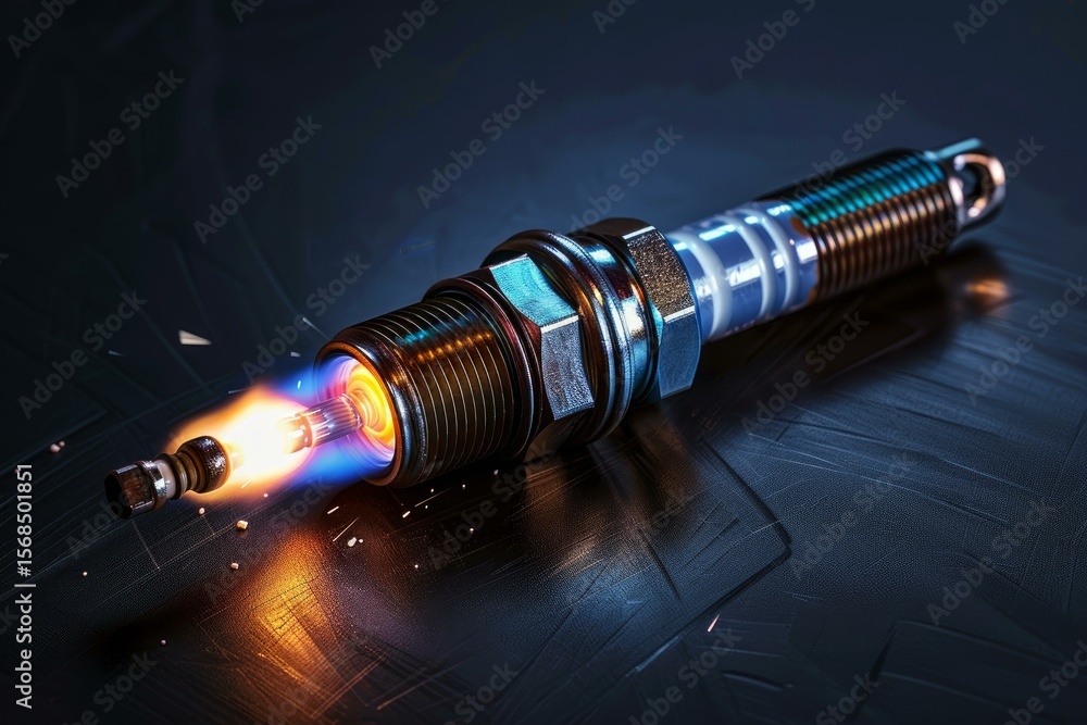Poster close up of a spark plug igniting, creating a vibrant flame, showcasing its functionality and power 