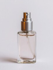 A stylish glass perfume bottle with a sleek silver nozzle, showcasing a light golden liquid, Ideal for beauty product promotions, advertisements