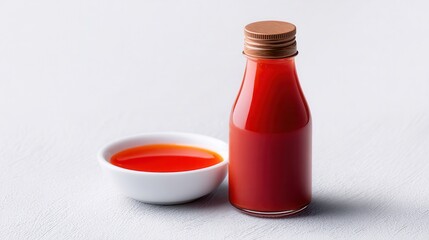 A stylish red sauce bottle accompanied by a small bowl of vibrant sauce, perfect for culinary use, restaurant menus, or food blog content showing delicious dishes or recipes,