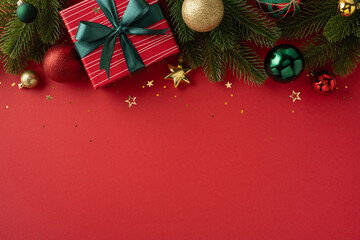 Christmas composition featuring ornaments, wrapped gifts, and festive tree branches against a red backdrop