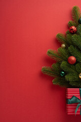 Festive scene featuring decorated Christmas tree branches with ornaments and a wrapped gift