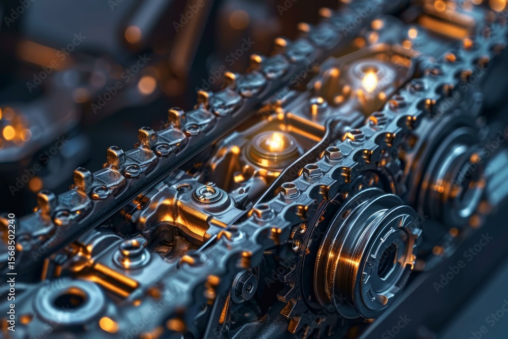 Poster close up of intricate engine components, highlighting the chain drive mechanism and gears, bathed in