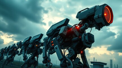 Cinematic robot squad in stormy weather
