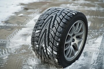Naklejka premium Close up of a winter tire on a snowy road, emphasizing its tread pattern and the icy conditions
