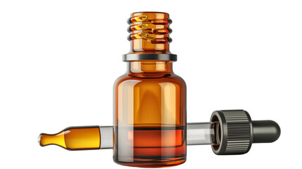 Amber dropper bottle with pipette and essential oil. Transparent PNG. Isolated cosmetic packaging for skincare or aromatherapy branding.